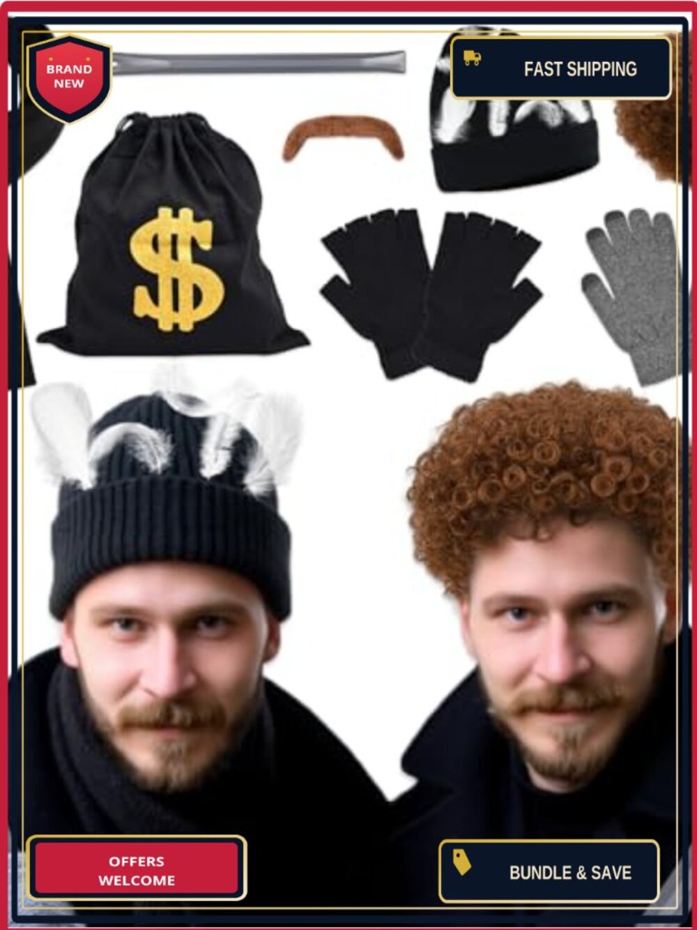 10 Pc Christmas Thief Costume Set Acrylic Hat Gloves Scarf Afro Wig Cosplay